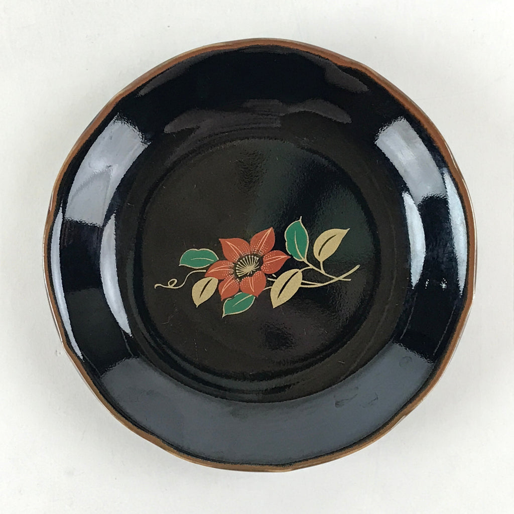 Japanese Porcelain Small Plate Vtg Black Flower Kozara Meimeizara Yakimono PY421