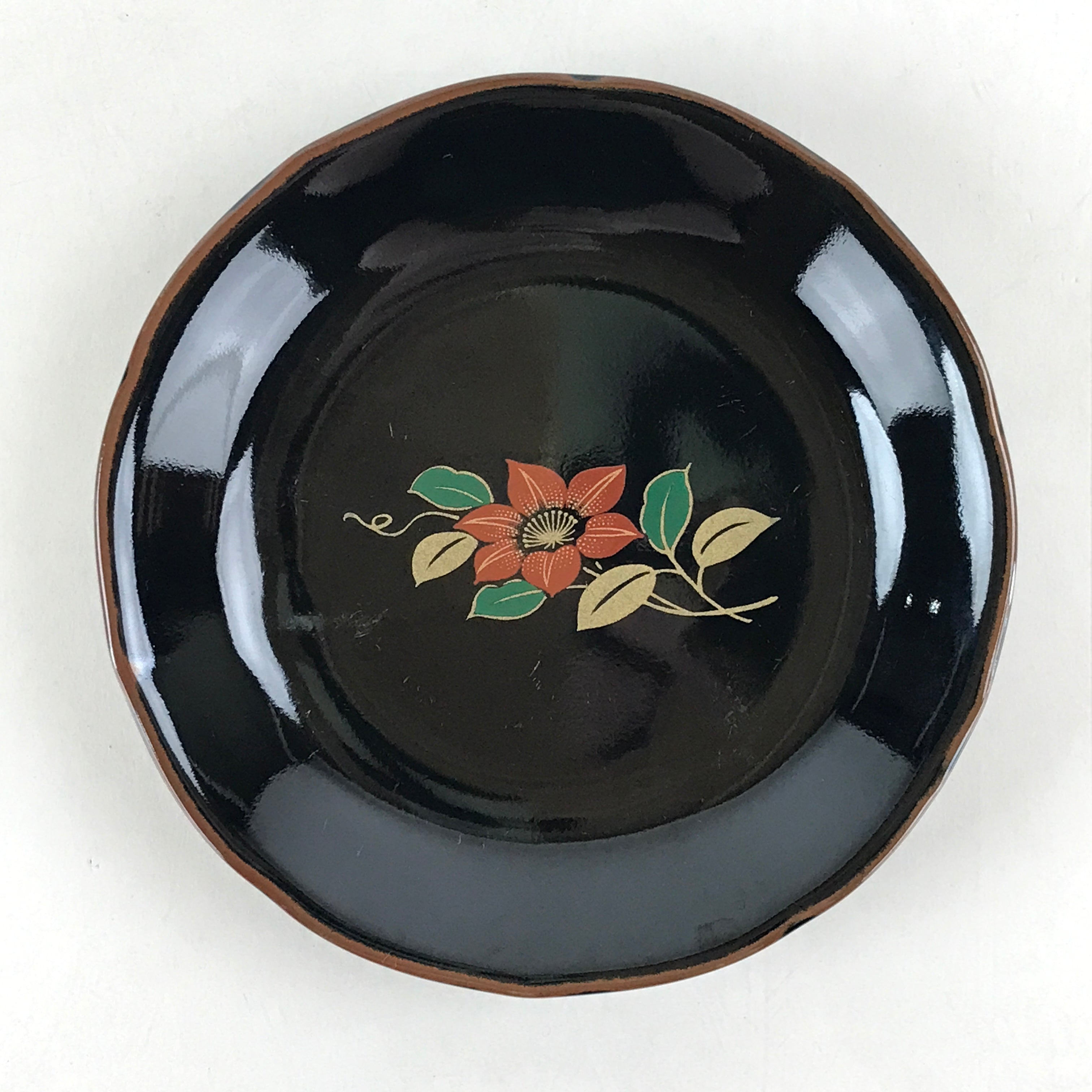 Japanese Porcelain Small Plate Vtg Black Flower Kozara Meimeizara Yakimono PY422