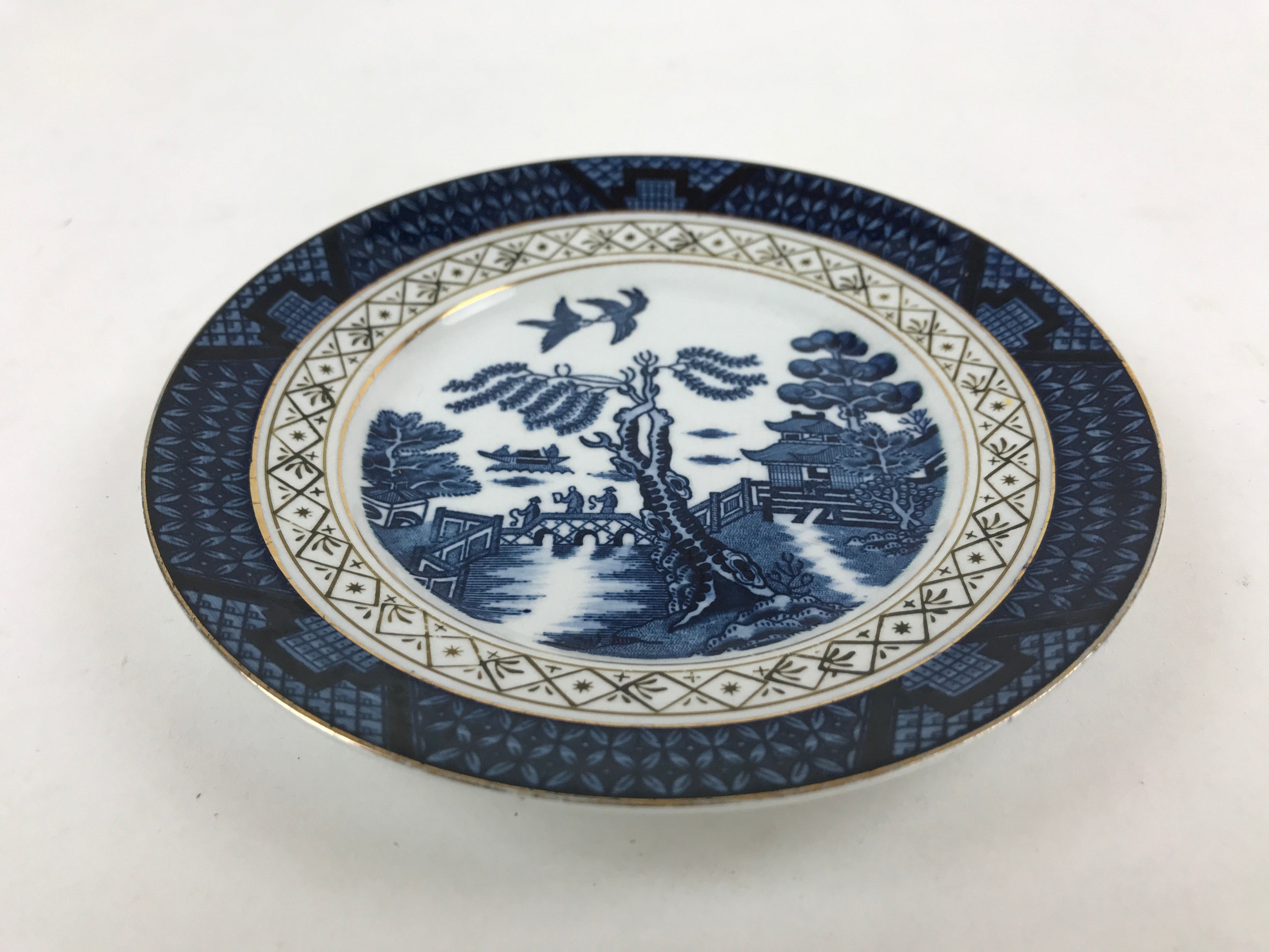 Japanese Porcelain Small Plate Vtg Blue Gold Temple Sea Fishing Kozara PY490