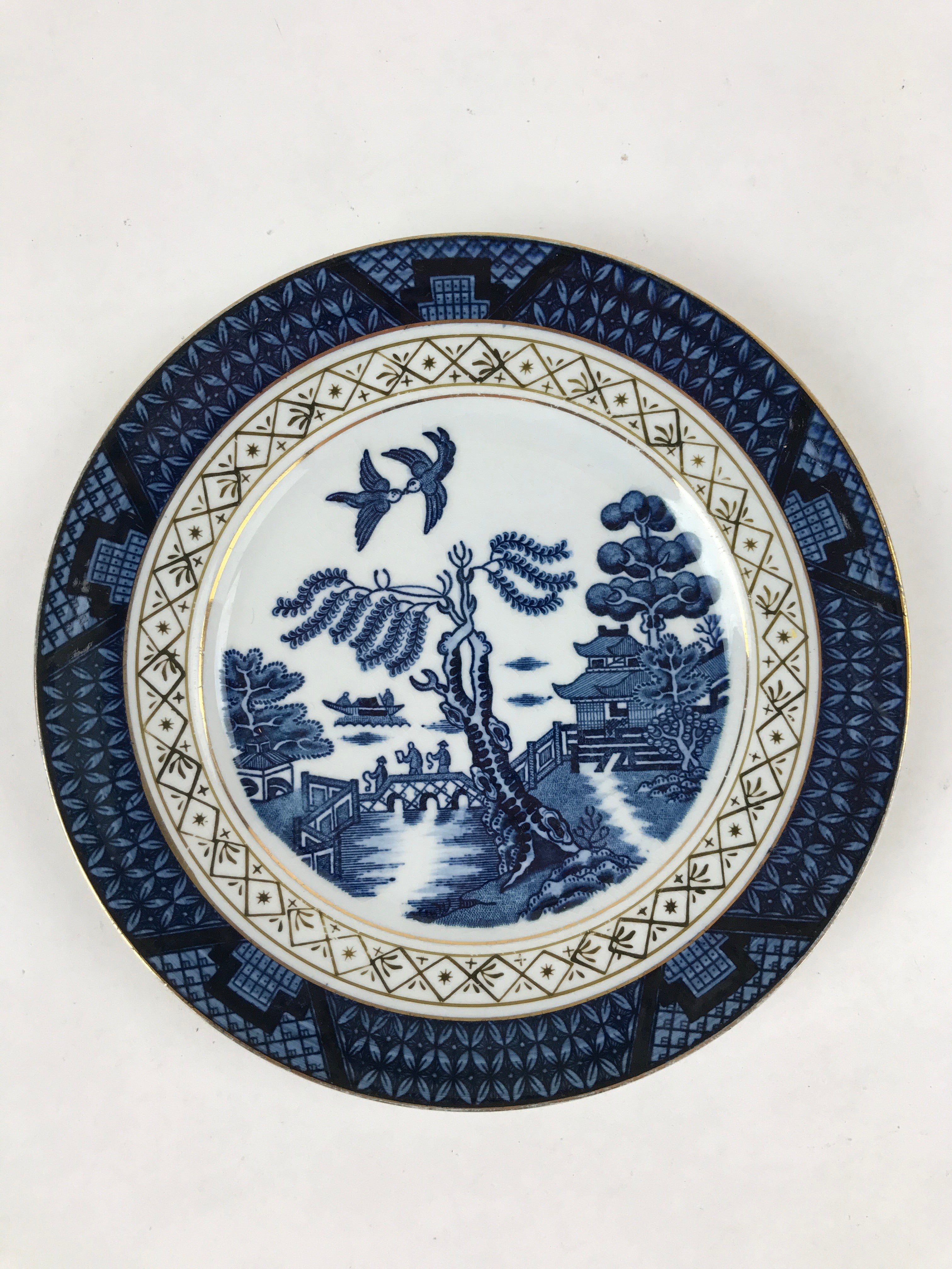 Japanese Porcelain Small Plate Vtg Blue Gold Temple Sea Fishing Kozara PY490