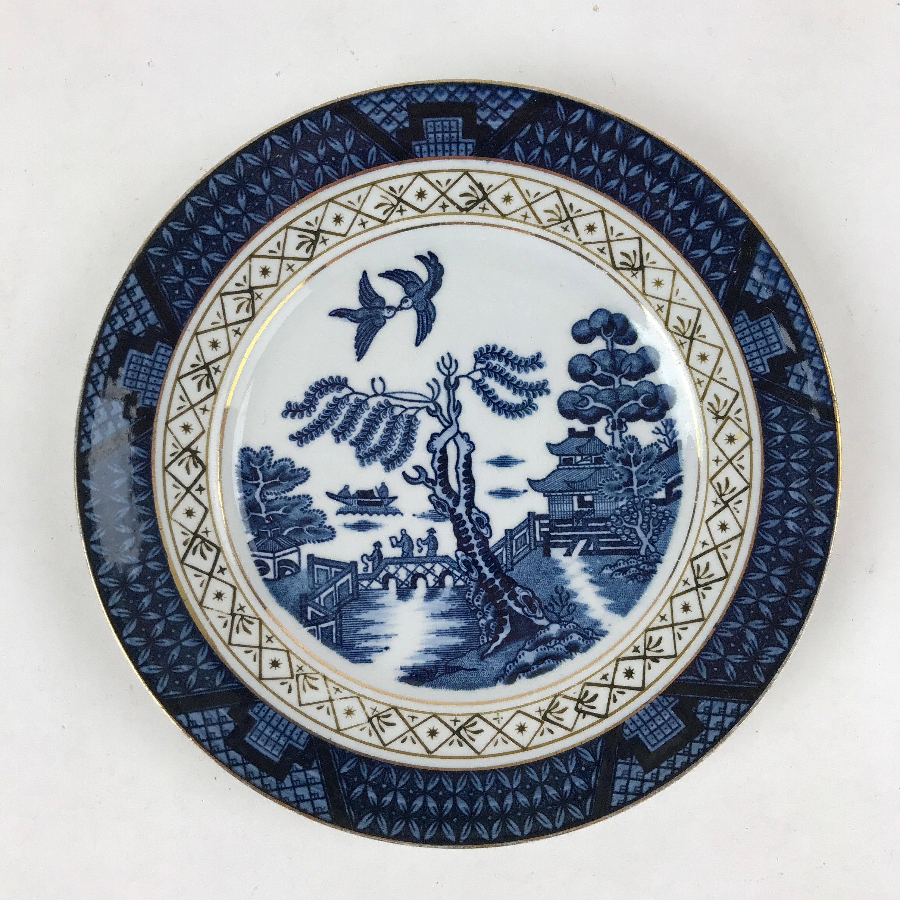 Japanese Porcelain Small Plate Vtg Blue Gold Temple Sea Fishing Kozara PY490