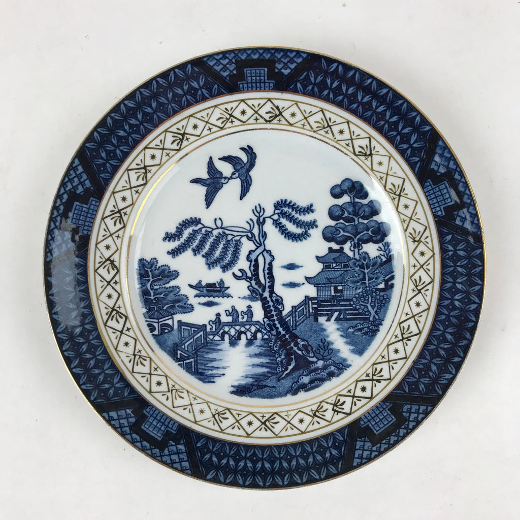 Japanese Porcelain Small Plate Vtg Blue Gold Temple Sea Fishing Kozara PY490