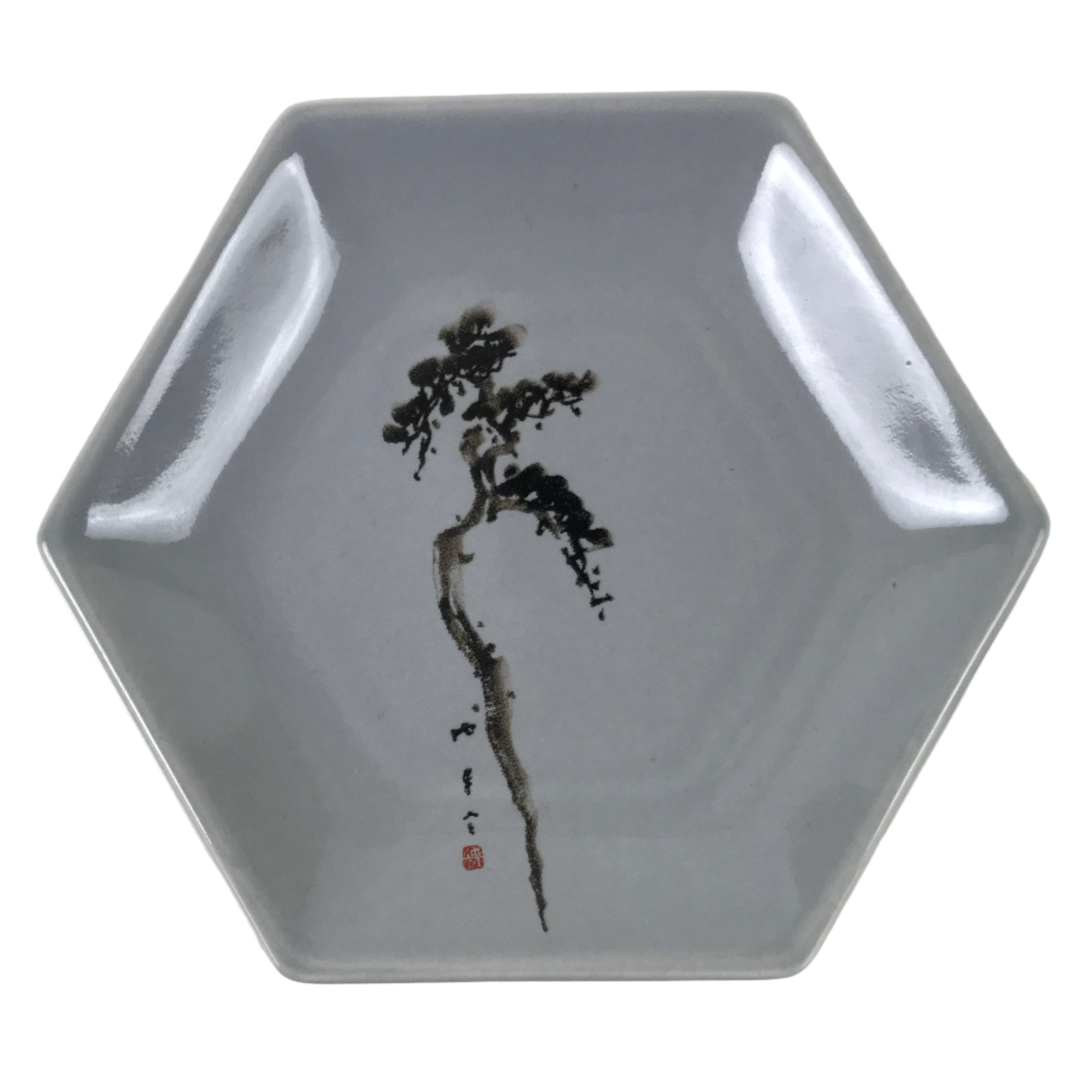 Japanese Porcelain Small Serving Plate Meimeizara Hexagon Pine Tree Gray Y216