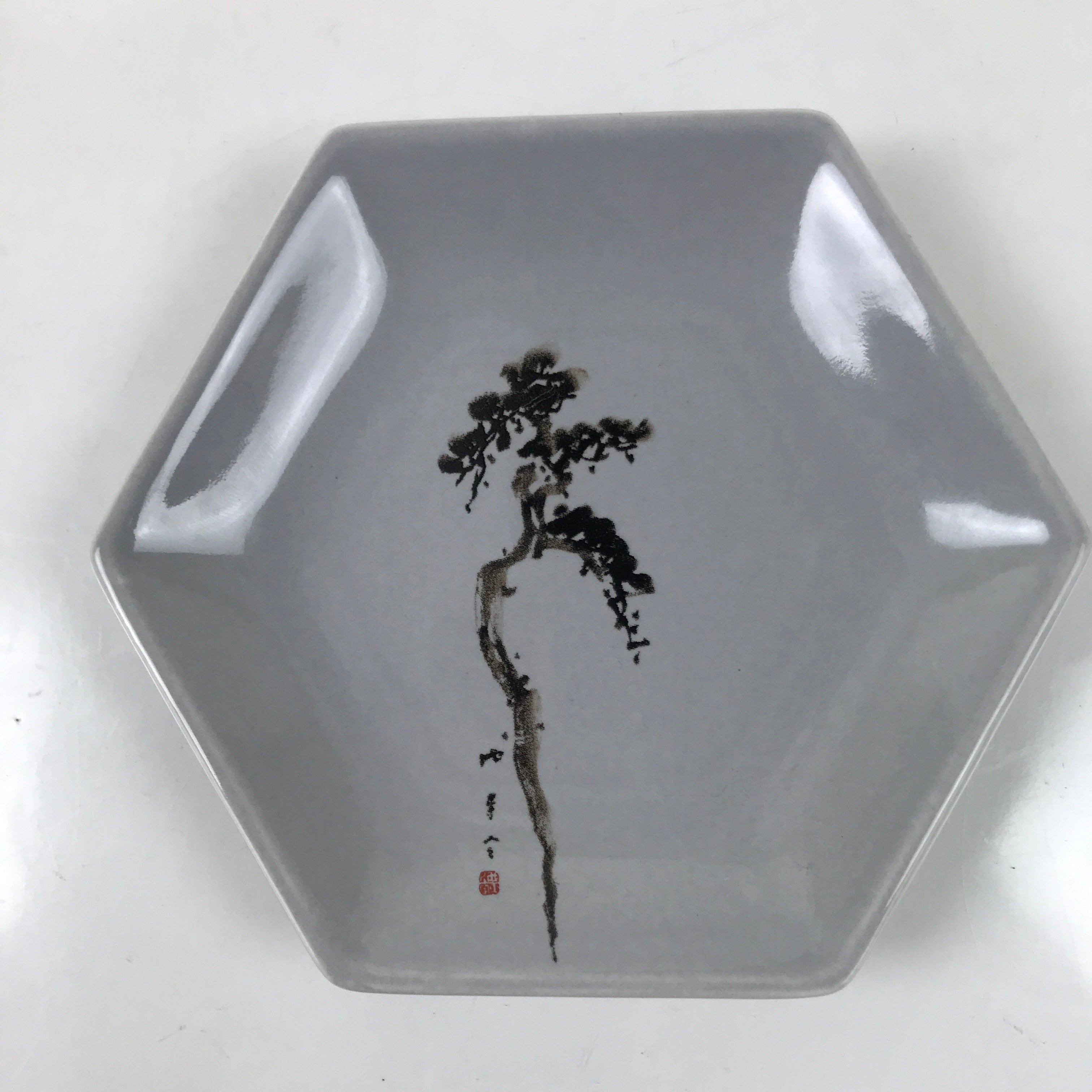 Japanese Porcelain Small Serving Plate Meimeizara Hexagon Pine Tree Gray Y217