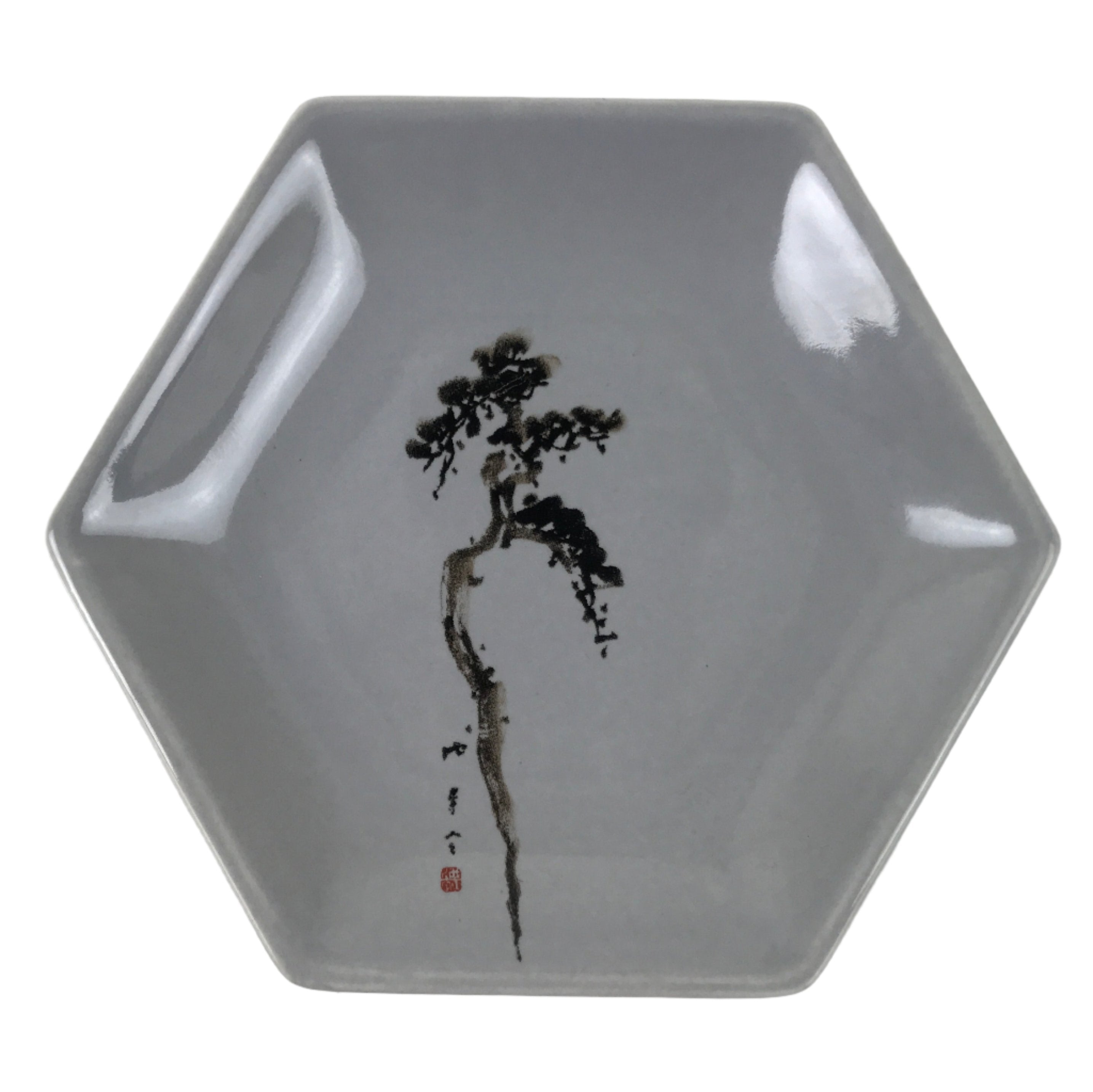 Japanese Porcelain Small Serving Plate Meimeizara Hexagon Pine Tree Gray Y217