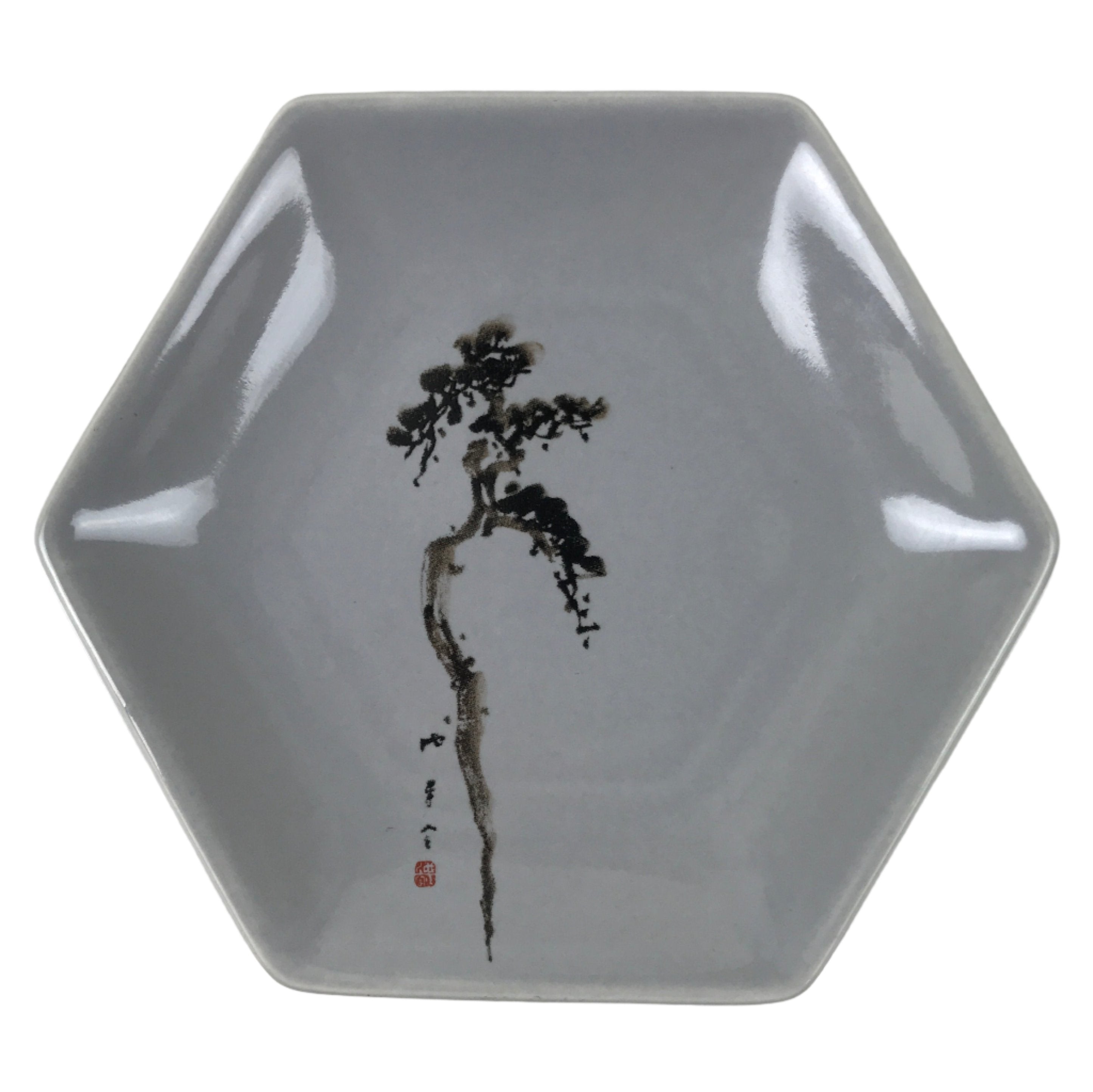 Japanese Porcelain Small Serving Plate Meimeizara Hexagon Pine Tree Gray Y218