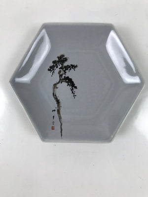 Japanese Porcelain Small Serving Plate Meimeizara Hexagon Pine Tree Gray Y219