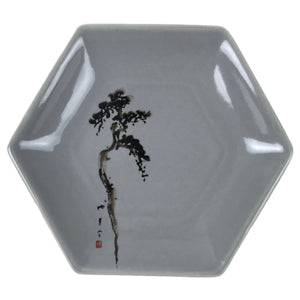 Japanese Porcelain Small Serving Plate Meimeizara Hexagon Pine Tree Gray Y219