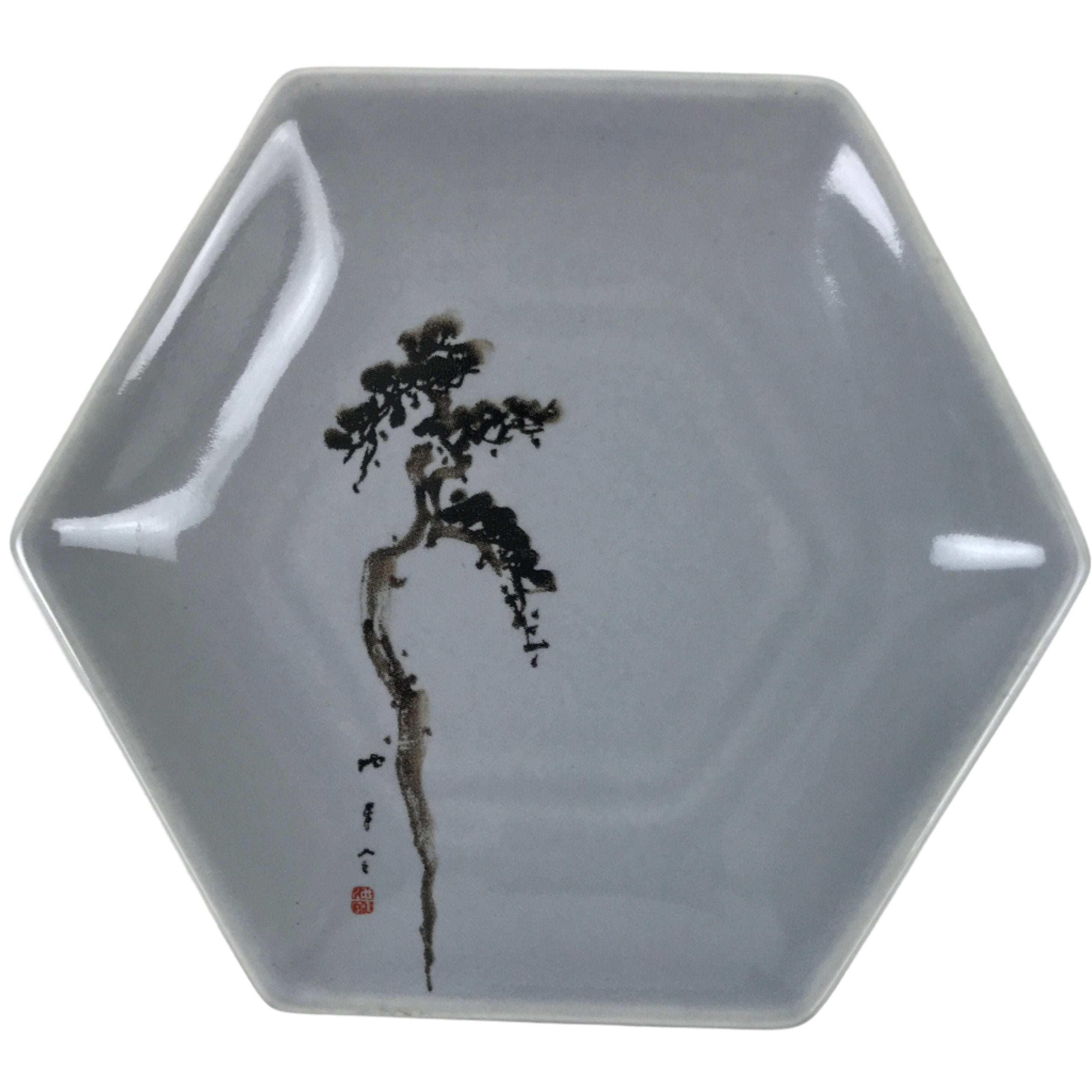 Japanese Porcelain Small Serving Plate Meimeizara Hexagon Pine Tree Gray Y220