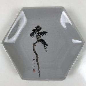 Japanese Porcelain Small Serving Plate Meimeizara Hexagon Pine Tree Gray Y222