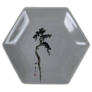 Japanese Porcelain Small Serving Plate Meimeizara Hexagon Pine Tree Gray Y223