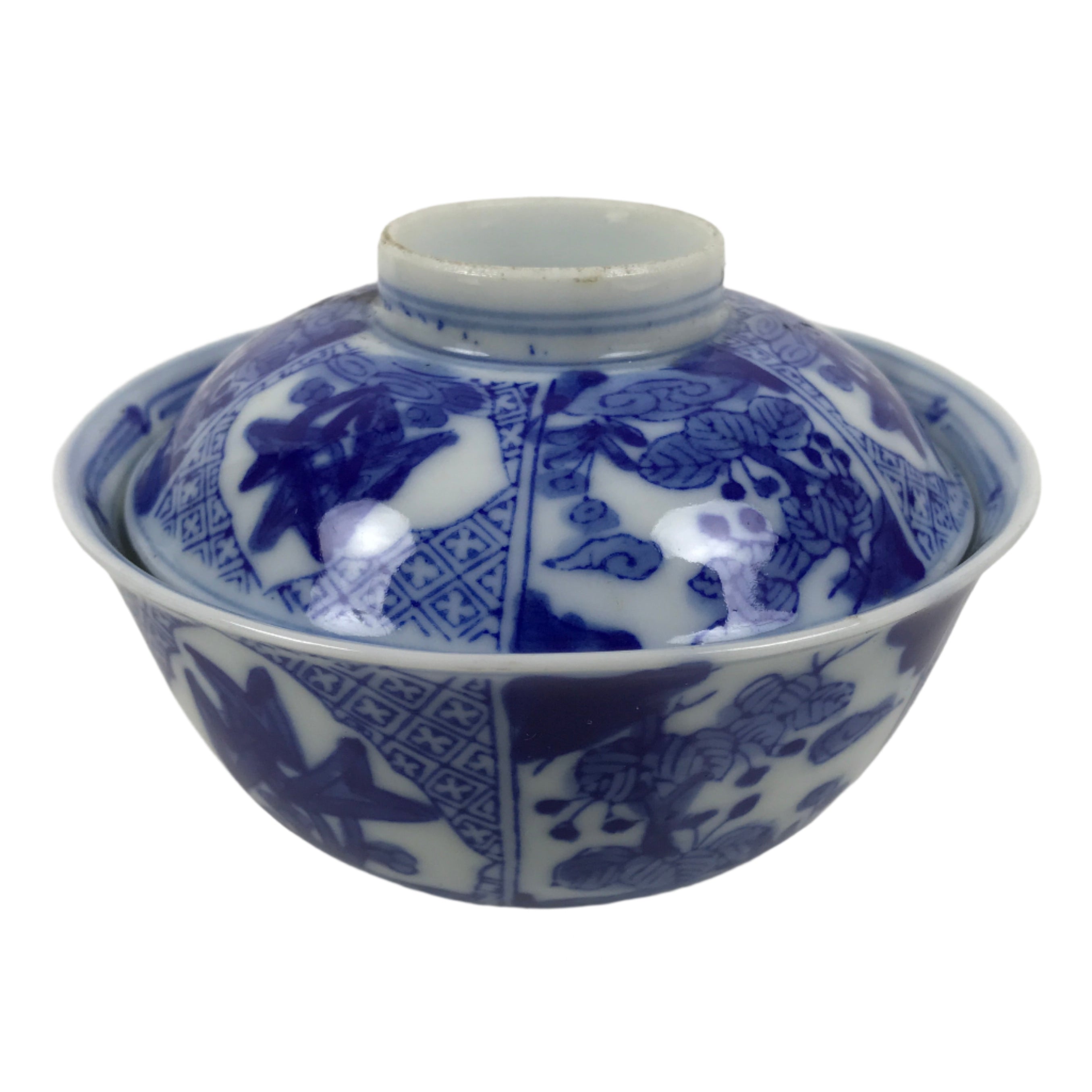 Japanese Porcelain Sometsuke Lidded Bowl Owan Vtg Pottery White Blue Floral Y298