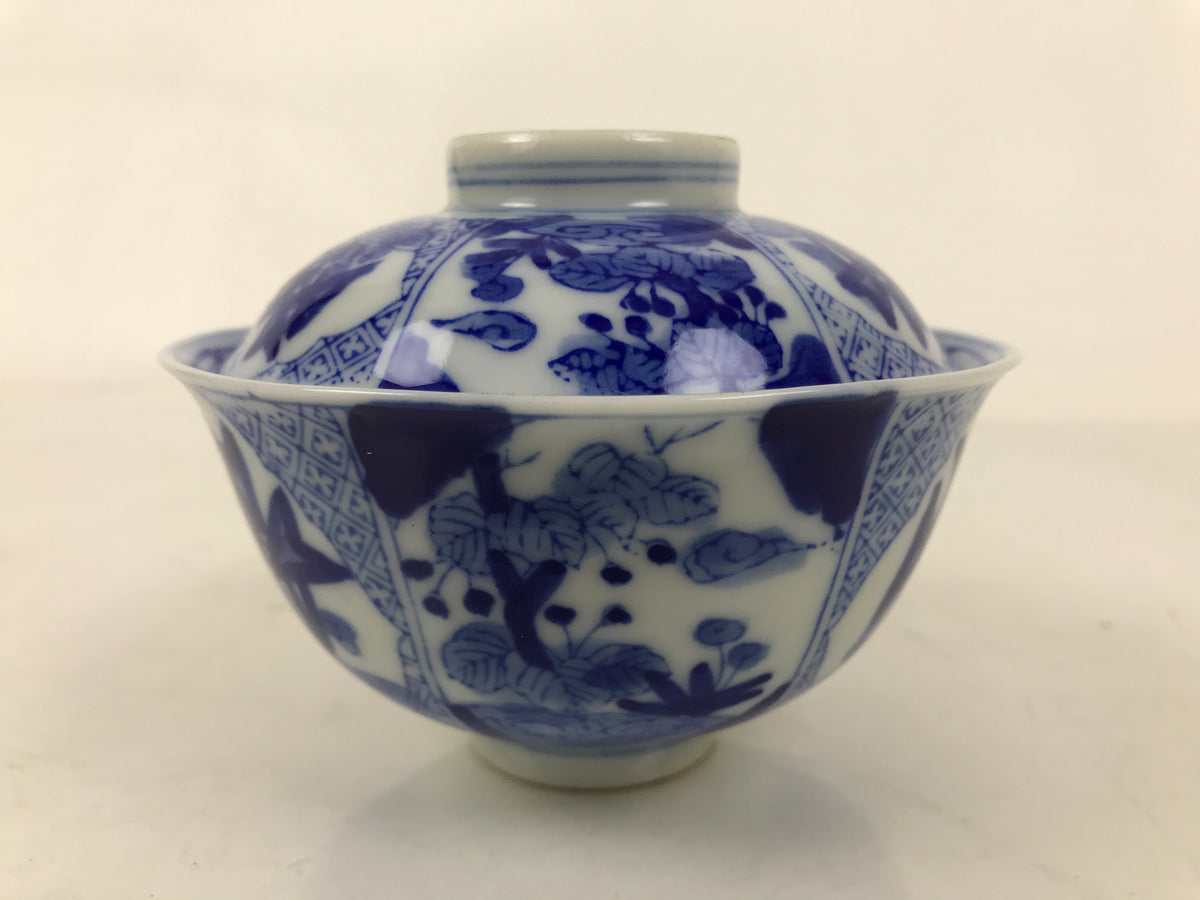 Japanese Porcelain Sometsuke Lidded Bowl Owan Vtg Pottery White Blue Floral Y299