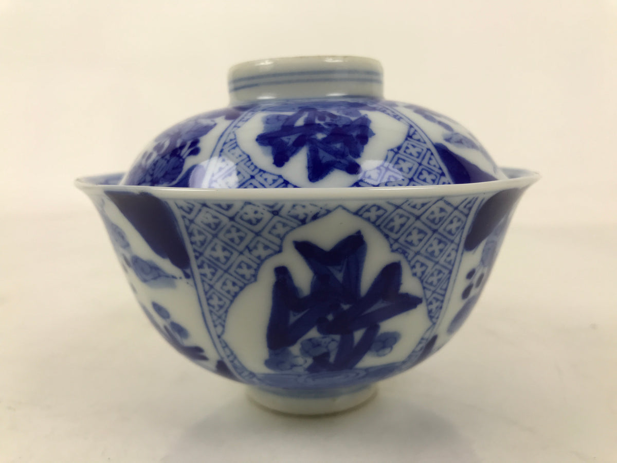Japanese Porcelain Sometsuke Lidded Bowl Owan Vtg Pottery White Blue Floral Y299