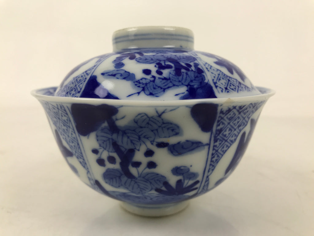 Japanese Porcelain Sometsuke Lidded Bowl Owan Vtg Pottery White Blue Floral Y299