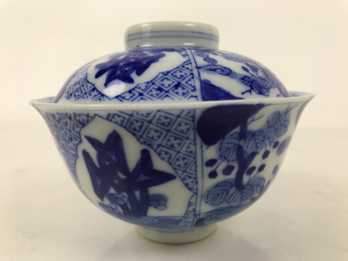Japanese Porcelain Sometsuke Lidded Bowl Owan Vtg Pottery White Blue Floral Y299