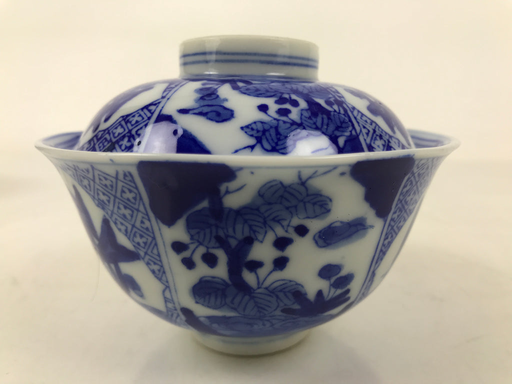 Japanese Porcelain Sometsuke Lidded Bowl Owan Vtg Pottery White Blue Floral Y301