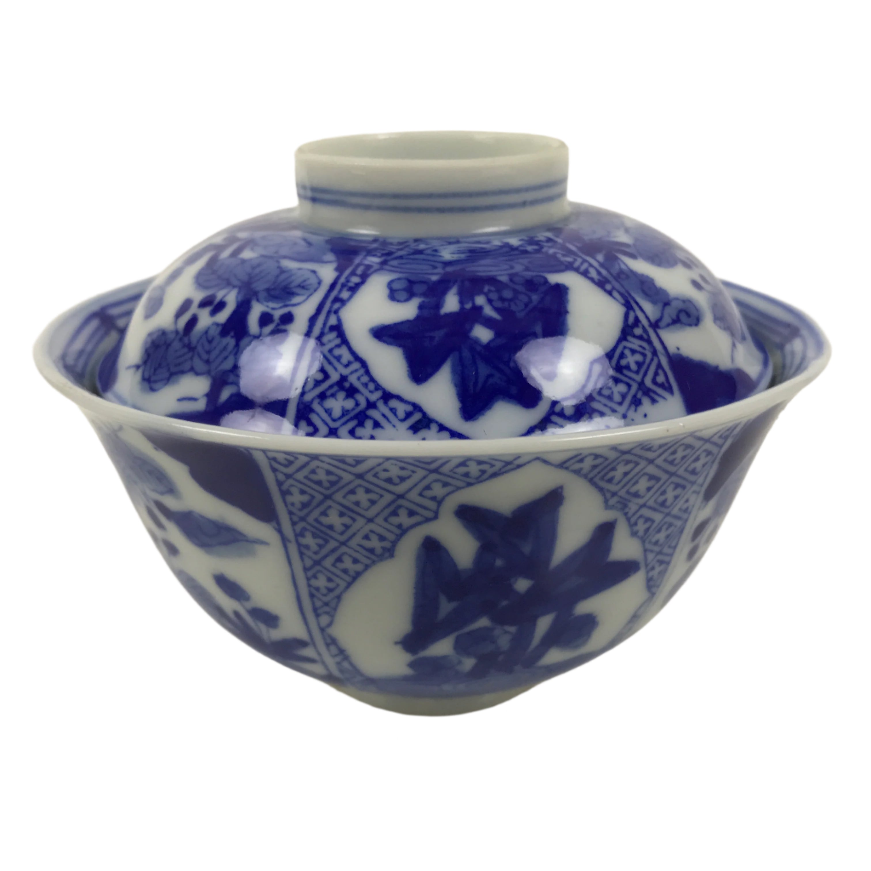 Japanese Porcelain Sometsuke Lidded Bowl Owan Vtg Pottery White Blue Floral Y301