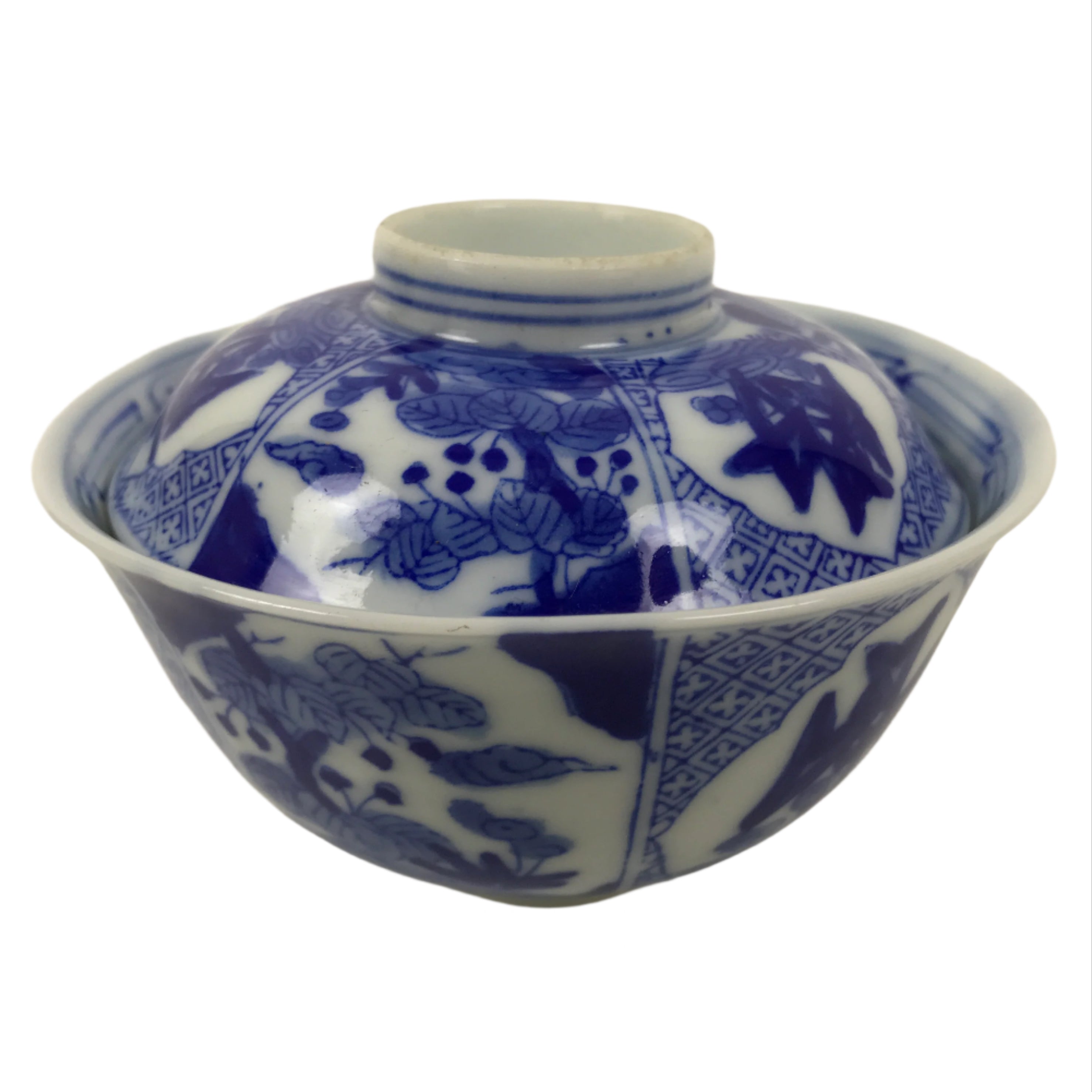 Japanese Porcelain Sometsuke Lidded Bowl Owan Vtg Pottery White Blue Floral Y302