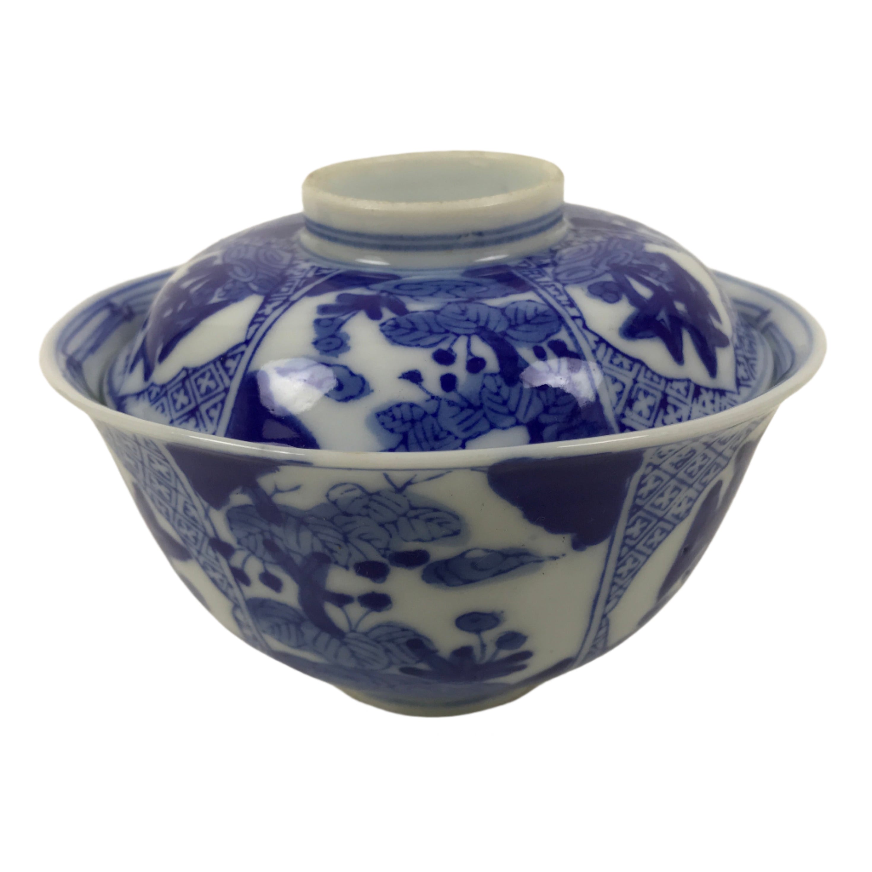 Japanese Porcelain Sometsuke Lidded Bowl Owan Vtg Pottery White Blue Floral Y303