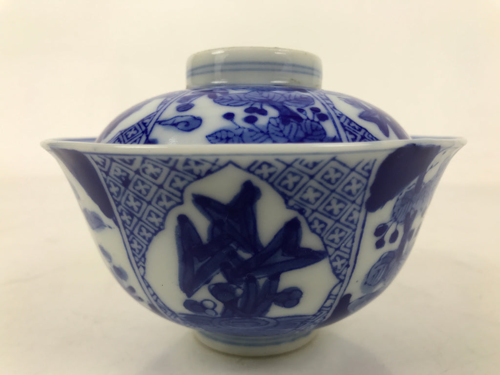 Japanese Porcelain Sometsuke Lidded Bowl Owan Vtg Pottery White Blue Floral Y304