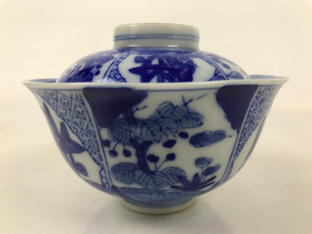 Japanese Porcelain Sometsuke Lidded Bowl Owan Vtg Pottery White Blue Floral Y304