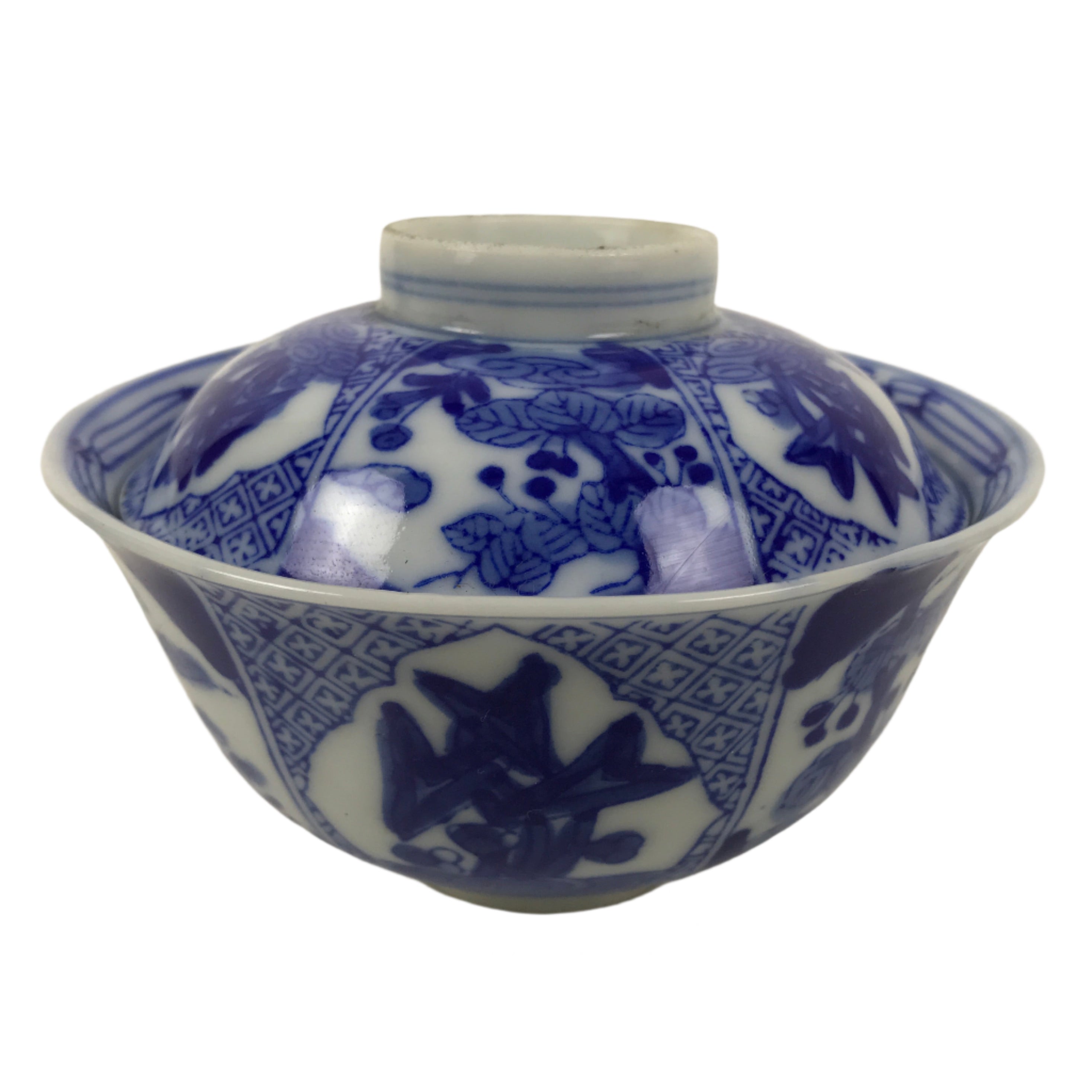 Japanese Porcelain Sometsuke Lidded Bowl Owan Vtg Pottery White Blue Floral Y304