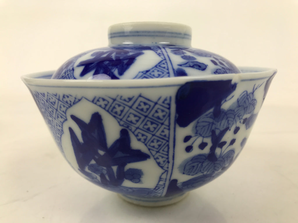 Japanese Porcelain Sometsuke Lidded Bowl Owan Vtg Pottery White Blue Floral Y305