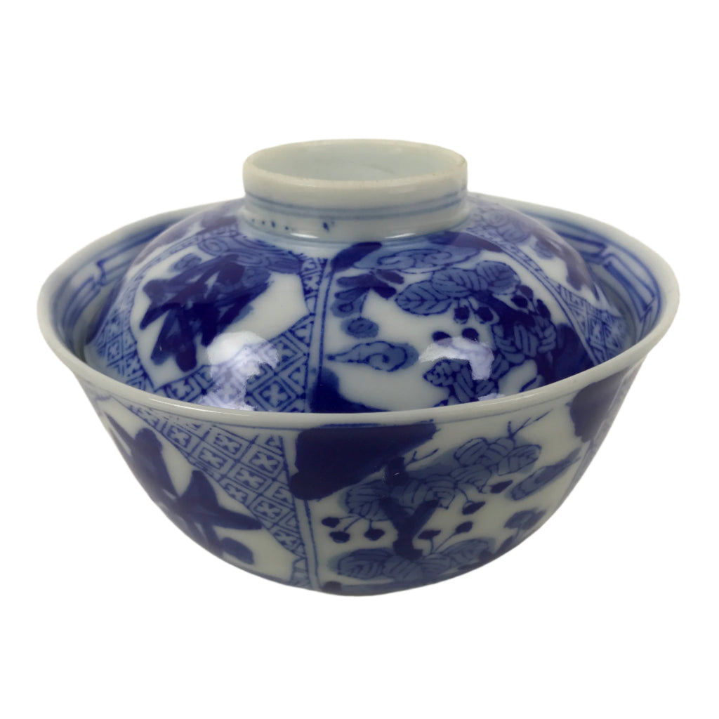 Japanese Porcelain Sometsuke Lidded Bowl Owan Vtg Pottery White Blue Floral Y305