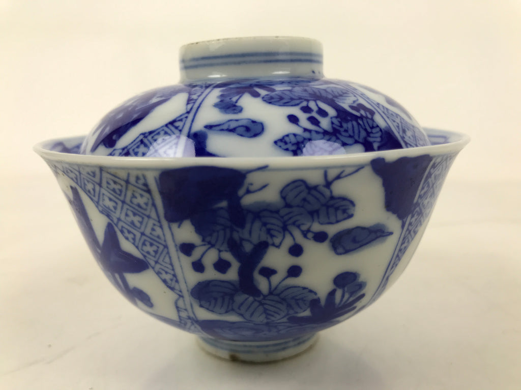 Japanese Porcelain Sometsuke Lidded Bowl Owan Vtg Pottery White Blue Floral Y306