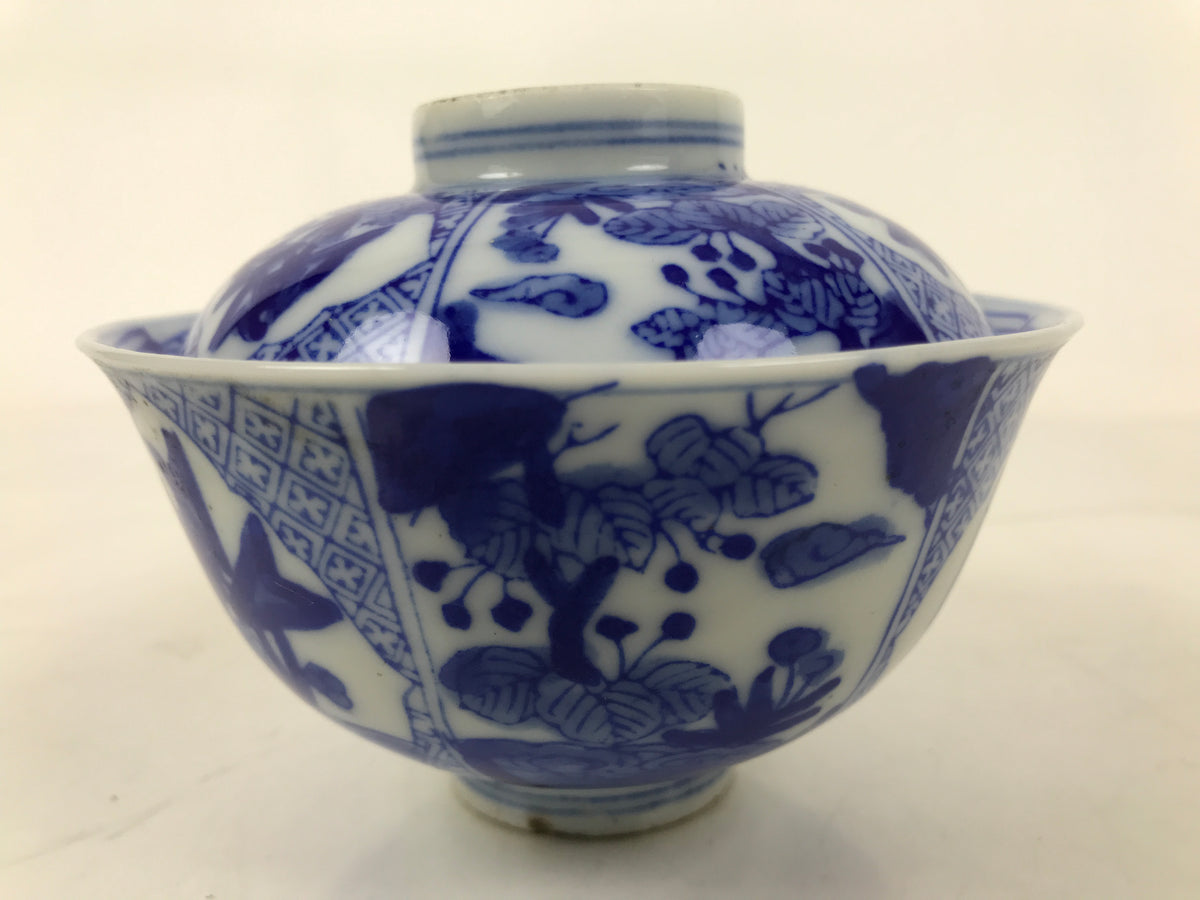 Japanese Porcelain Sometsuke Lidded Bowl Owan Vtg Pottery White Blue Floral Y306