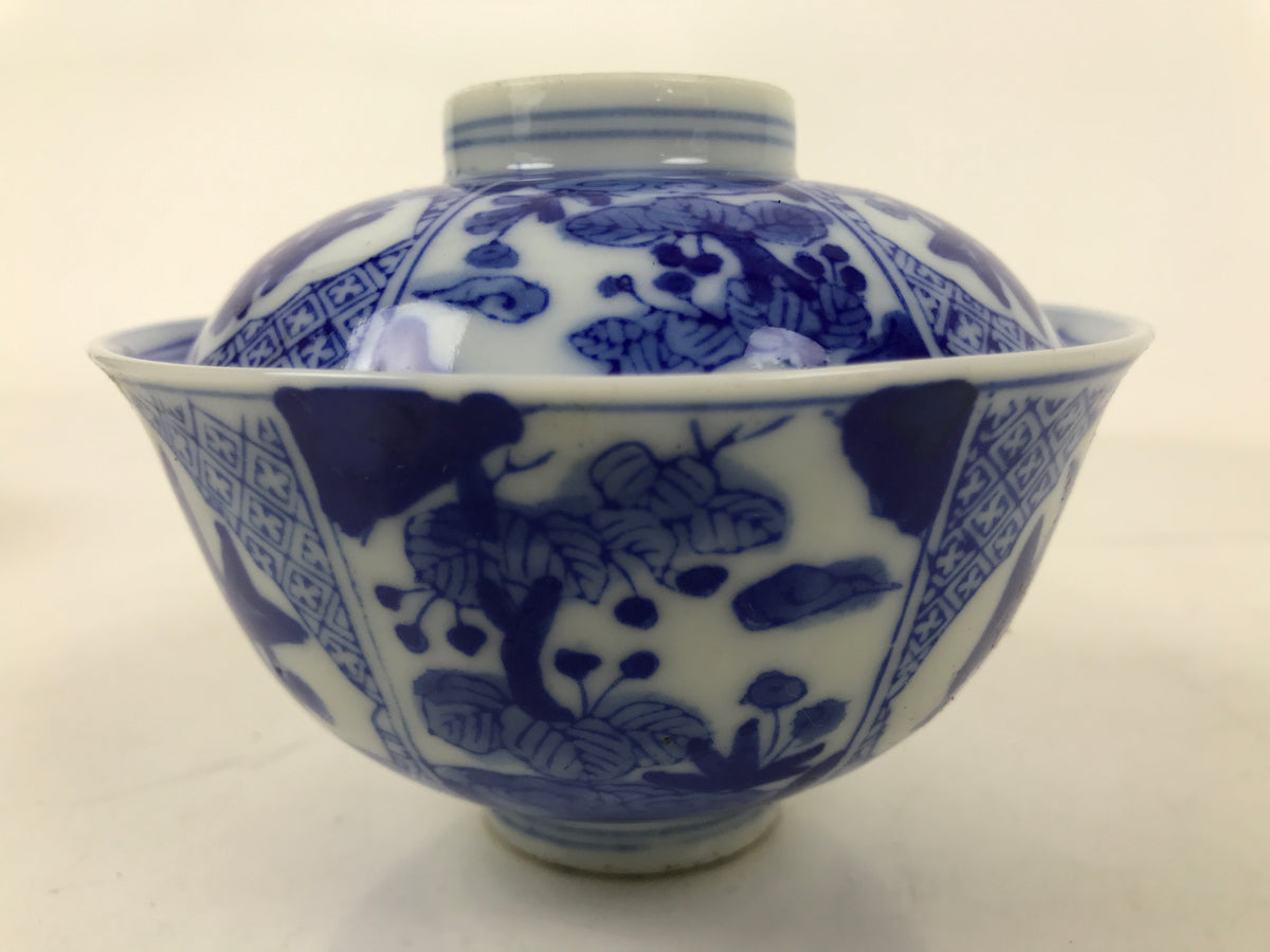 Japanese Porcelain Sometsuke Lidded Bowl Owan Vtg Pottery White Blue Floral Y306