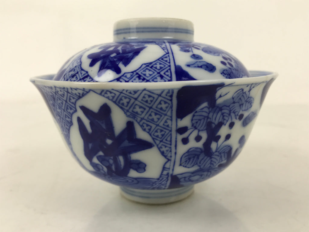 Japanese Porcelain Sometsuke Lidded Bowl Owan Vtg Pottery White Blue Floral Y307