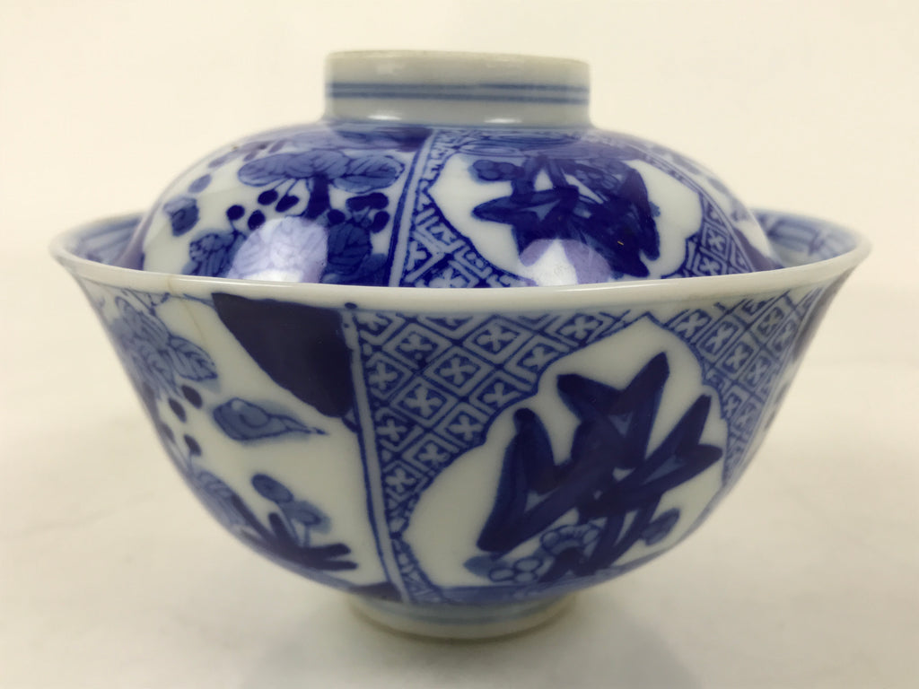 Japanese Porcelain Sometsuke Lidded Bowl Owan Vtg Pottery White Blue Floral Y307