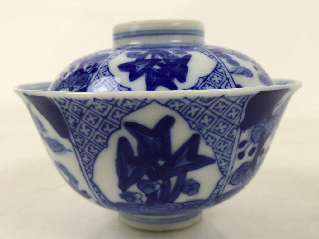 Japanese Porcelain Sometsuke Lidded Bowl Owan Vtg Pottery White Blue Floral Y307