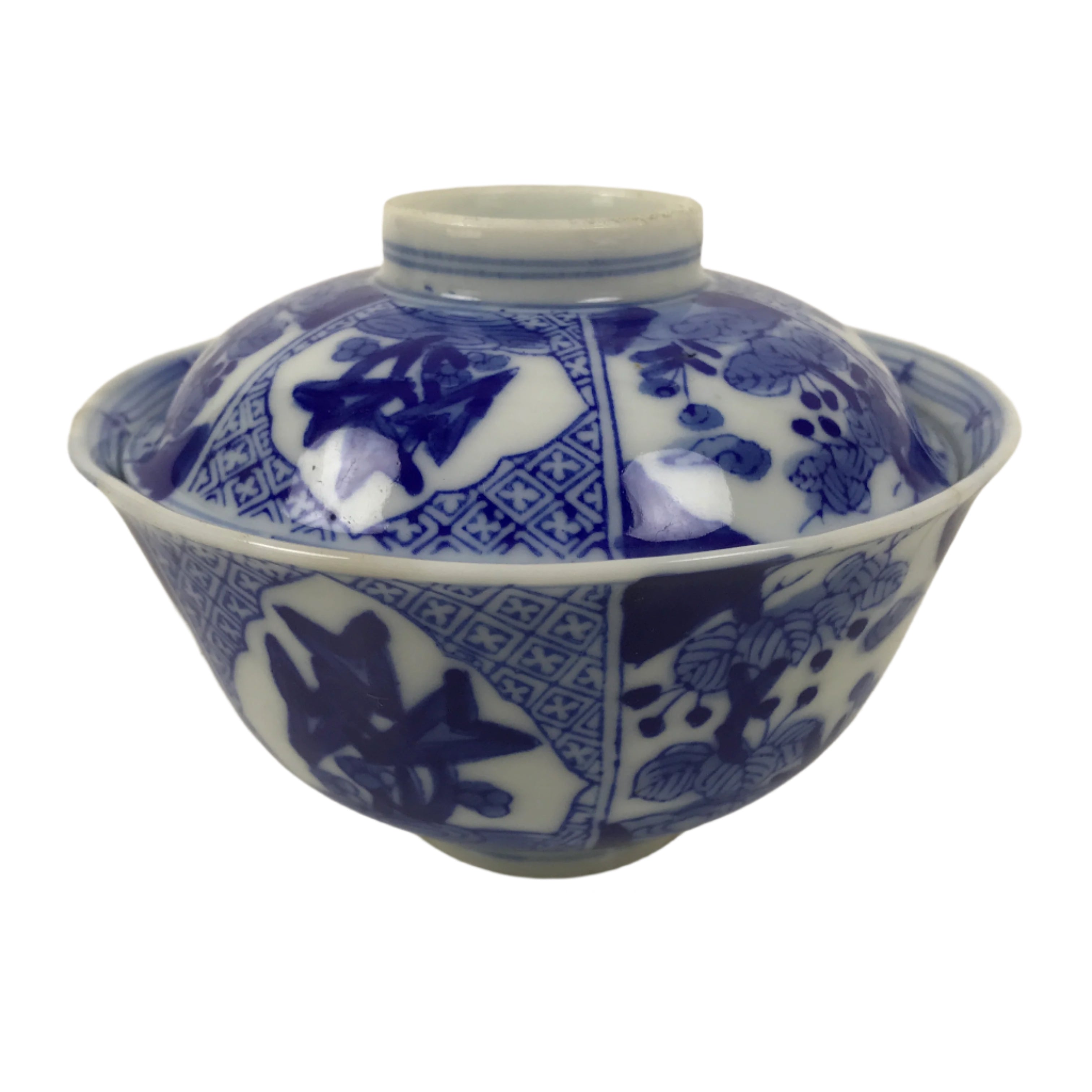 Japanese Porcelain Sometsuke Lidded Bowl Owan Vtg Pottery White Blue Floral Y307