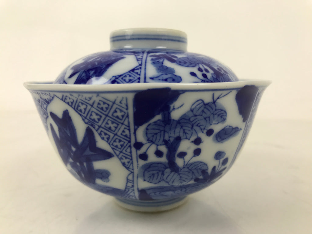 Japanese Porcelain Sometsuke Lidded Bowl Owan Vtg Pottery White Blue Floral Y308