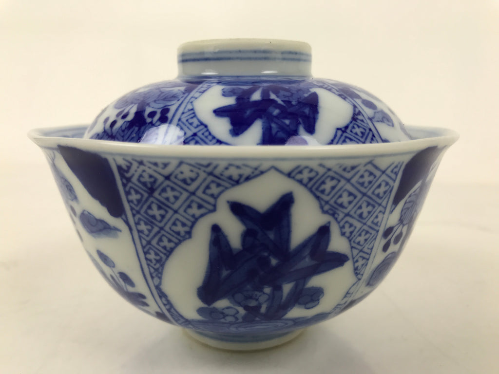 Japanese Porcelain Sometsuke Lidded Bowl Owan Vtg Pottery White Blue Floral Y308