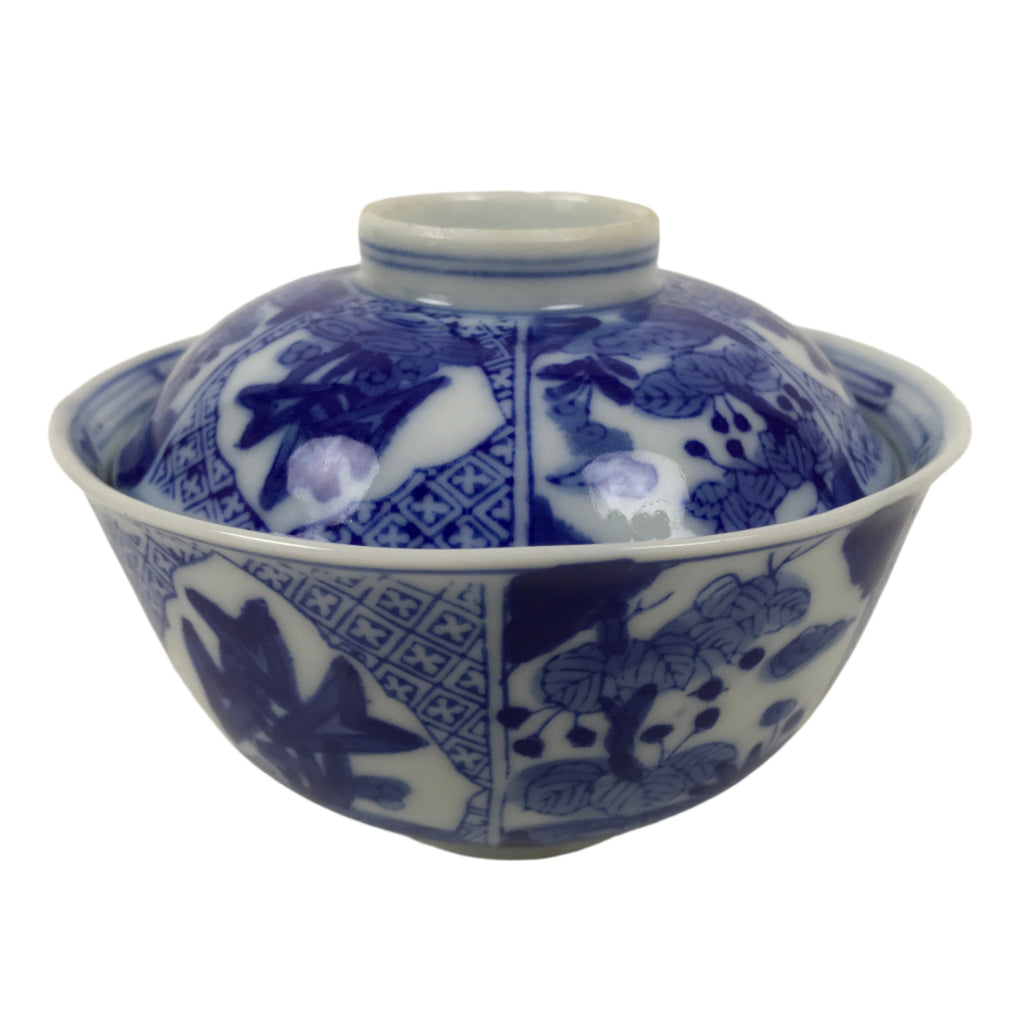 Japanese Porcelain Sometsuke Lidded Bowl Owan Vtg Pottery White Blue Floral Y308