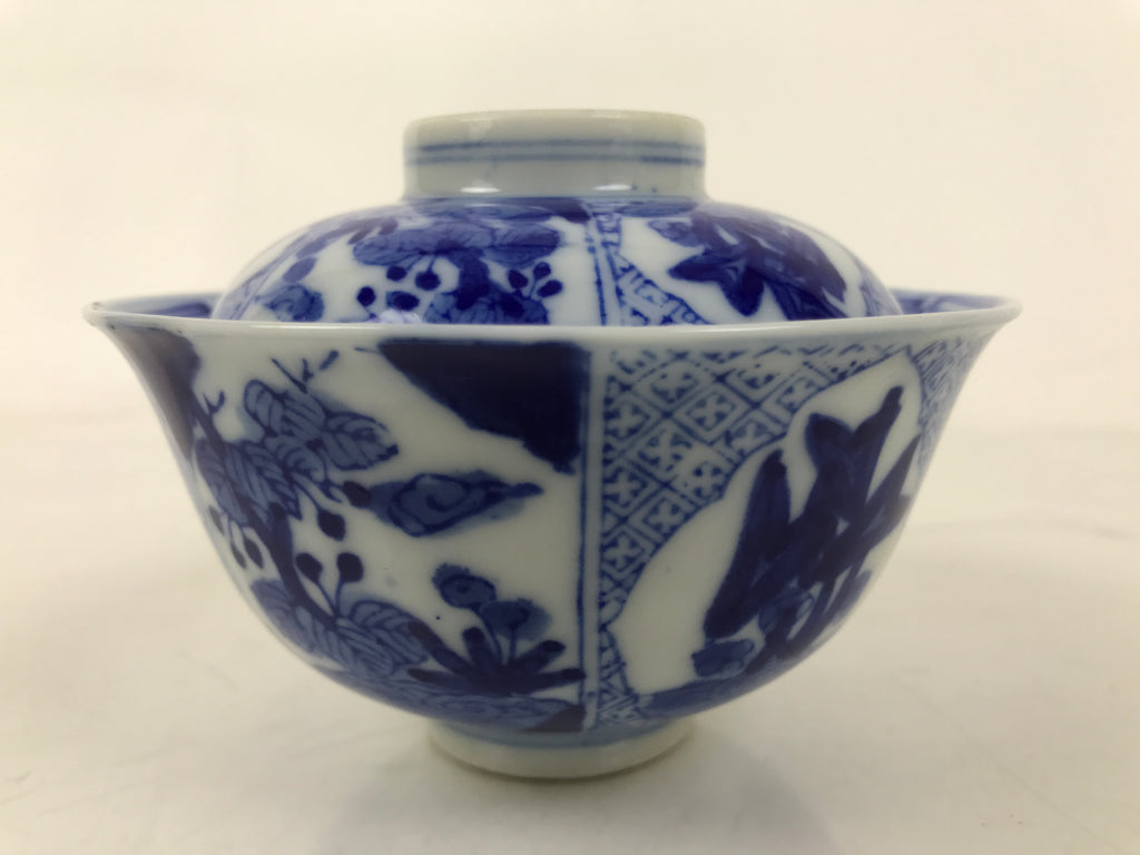 Japanese Porcelain Sometsuke Lidded Bowl Owan Vtg Pottery White Blue Floral Y309