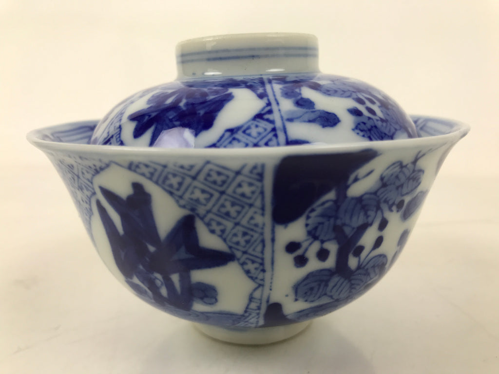 Japanese Porcelain Sometsuke Lidded Bowl Owan Vtg Pottery White Blue Floral Y309