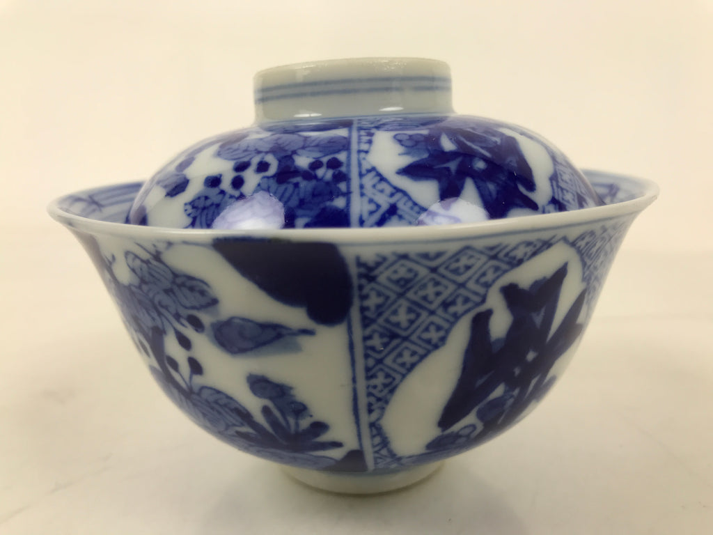 Japanese Porcelain Sometsuke Lidded Bowl Owan Vtg Pottery White Blue Floral Y309