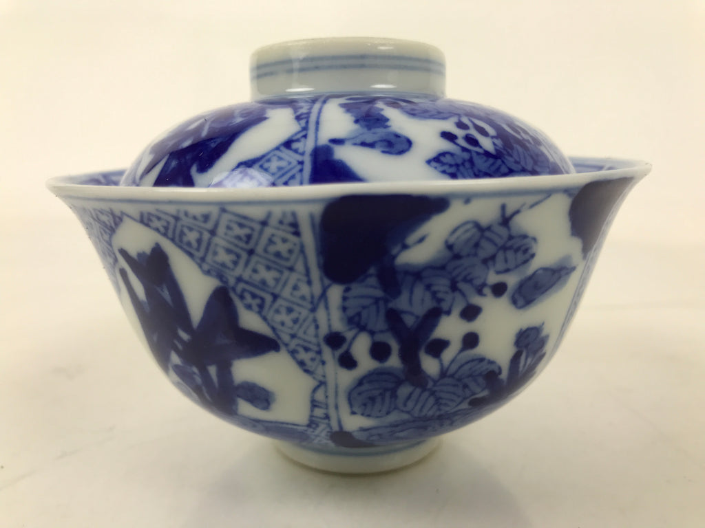 Japanese Porcelain Sometsuke Lidded Bowl Owan Vtg Pottery White Blue Floral Y309