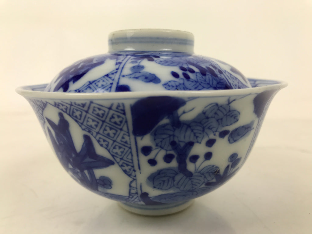 Japanese Porcelain Sometsuke Lidded Bowl Owan Vtg Pottery White Blue Floral Y310