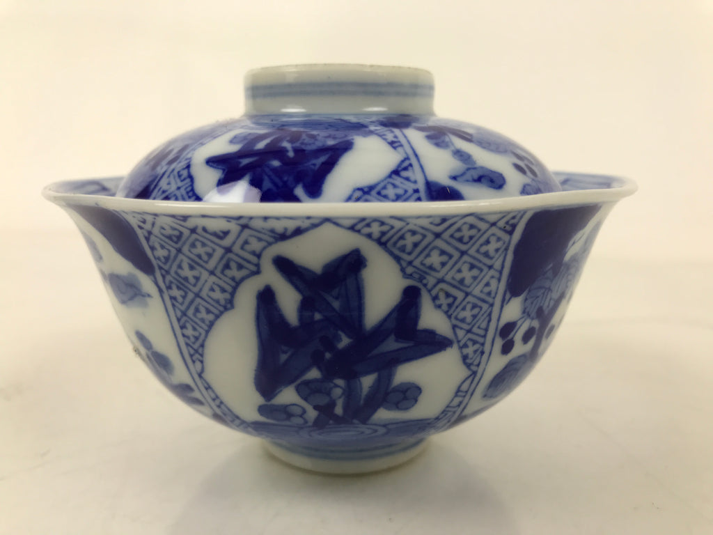 Japanese Porcelain Sometsuke Lidded Bowl Owan Vtg Pottery White Blue Floral Y310