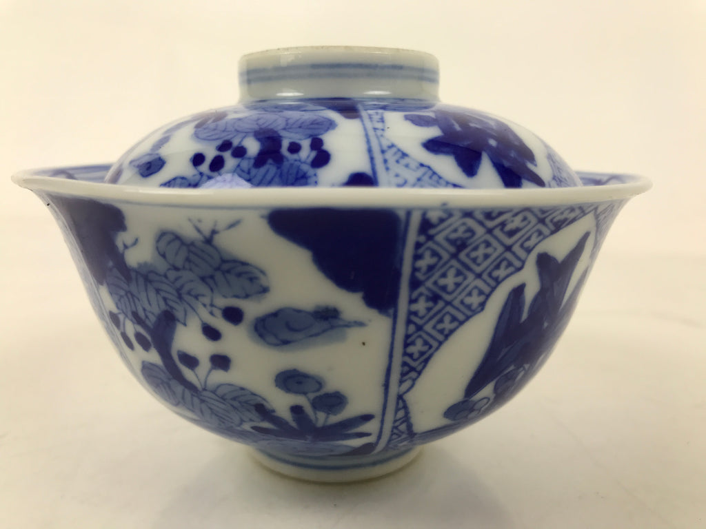 Japanese Porcelain Sometsuke Lidded Bowl Owan Vtg Pottery White Blue Floral Y310