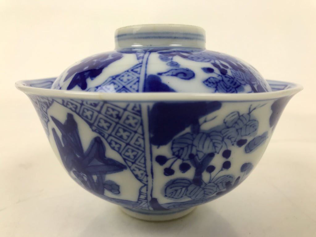 Japanese Porcelain Sometsuke Lidded Bowl Owan Vtg Pottery White Blue Floral Y310