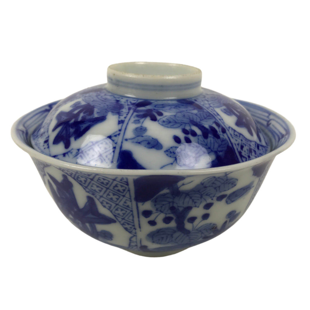 Japanese Porcelain Sometsuke Lidded Bowl Owan Vtg Pottery White Blue Floral Y310