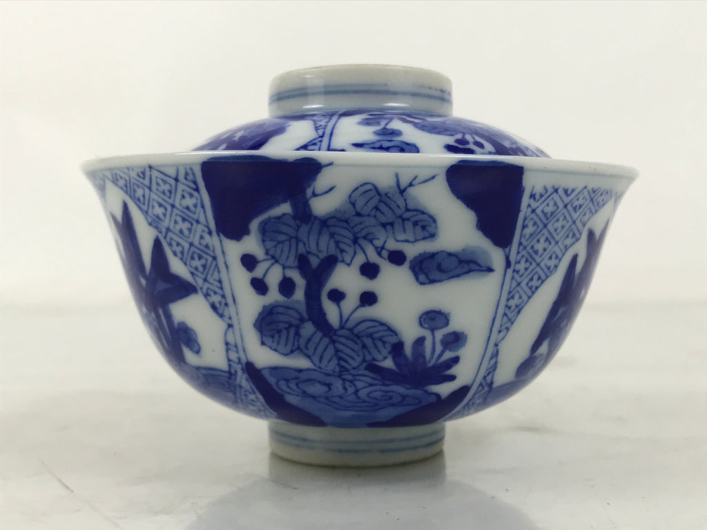 Japanese Porcelain Sometsuke Lidded Bowl Owan Vtg Pottery White Blue Floral Y314