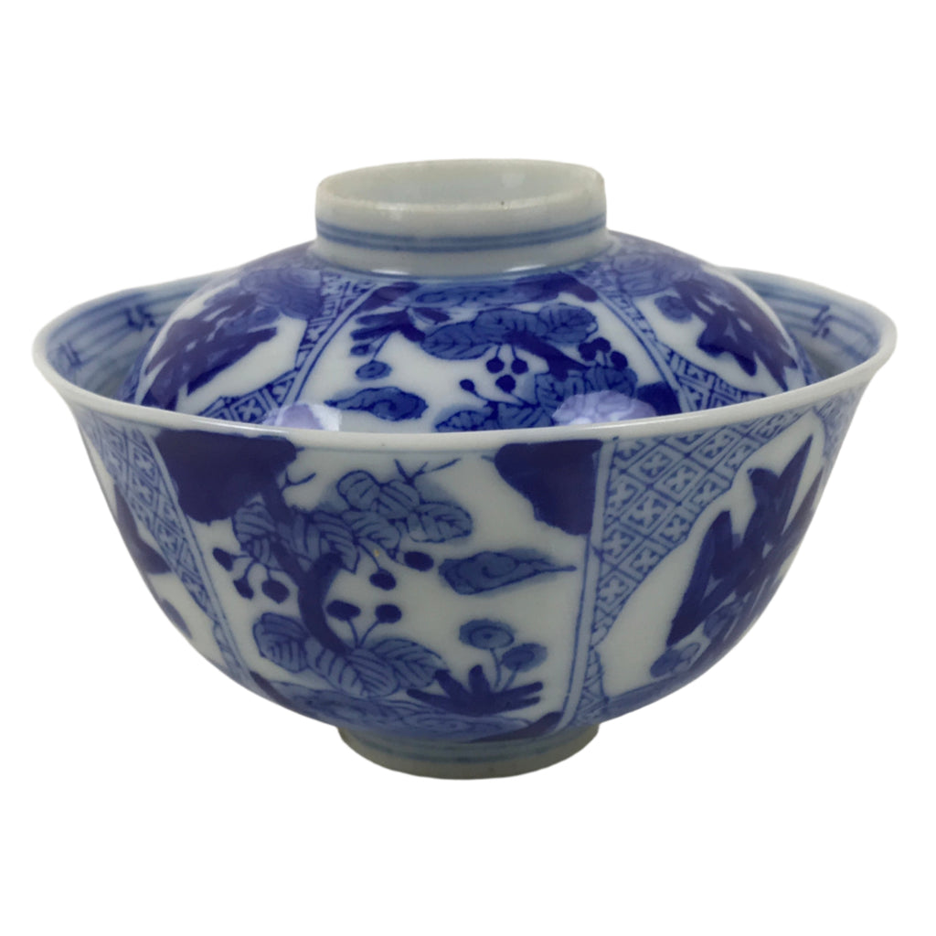 Japanese Porcelain Sometsuke Lidded Bowl Owan Vtg Pottery White Blue Floral Y314